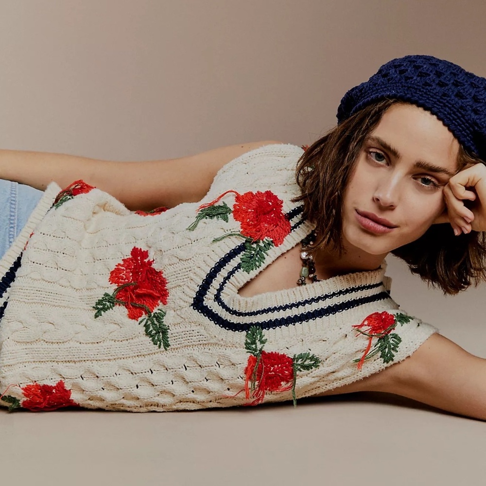 NWOT Free People Good Karma Vest Embroidered Sweater S